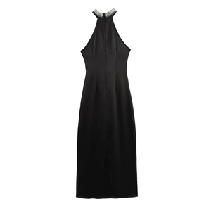 Elegant Halter Neck Maxi Dress With Rhinestone Embellished Collar Sleeveless Satin Evening Party Bodycon Gown For Women