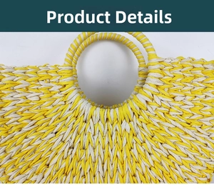 Close-up of handmade woven paper rope tote bag with round handles and dual-tone texture