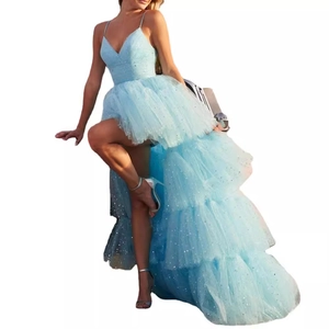 Elegant light blue sequined tulle wedding dress with V-neck, thin straps and hi-lo hem