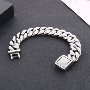 Vintage oxidized stainless steel Cuban chain bracelet for men with square push buckle