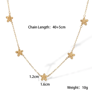 Detail view of gold flower pendant necklace with chain length and weight specifications
