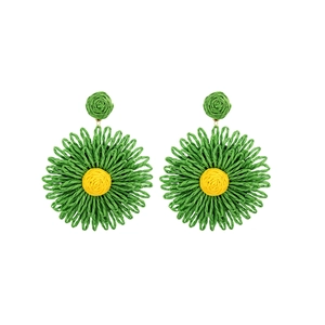 Handmade woven raffia daisy drop earrings in green and yellow for summer vacation