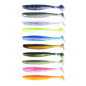 Vertical display of 10 colorful soft fishing lures with glitter and gradients