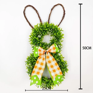 Easter bunny wreath with artificial green leaves, plaid bow, and wooden ears, 50cm tall