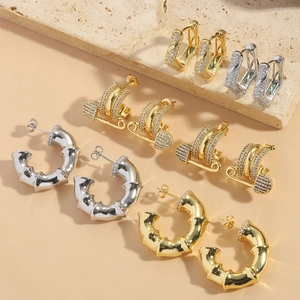 Geometric Hoop Earrings Copper Cubic Zirconia Micro Pave C Shaped Safety Pin Retro Luxury Style Versatile For Women