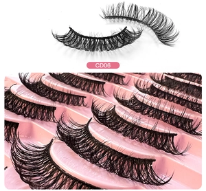 Close-up of CD06 Russian volume faux lashes with 10 pairs on pink tray storage
