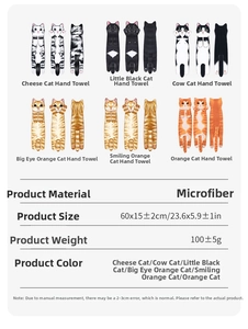 Detail specifications and sizing for various microfibre cartoon cat hand towels