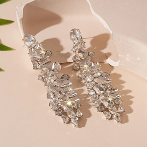 Luxury geometric drop tassel earrings with sparkling rhinestones in silver finish