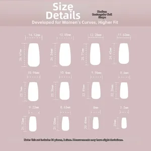 Größentabelle für künstliche Nägel mit 12 verschiedenen Abmessungen in Millimetern für mittellange Form