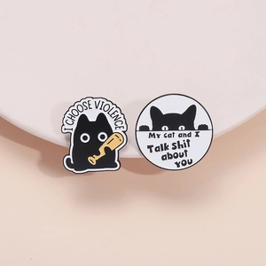Funny cartoon black and white cat alloy enamel pins with humorous letter print patterns