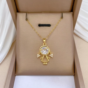 Girl Pendant Necklace Titanium Steel Copper Gold Plated Cubic Zirconia Dainty Braided Character Jewelry For Women