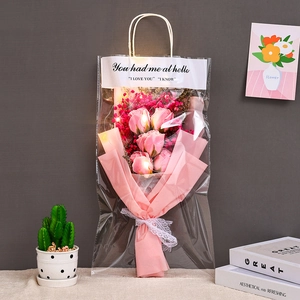 Pink soap rose bouquet with LED light in a gift bag for Mother's Day and creative gifts