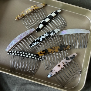 French Style Acetate Hair Insert Comb With Metal Teeth Tortoise Shell Checkerboard Pattern Hair Styling Tool For Women