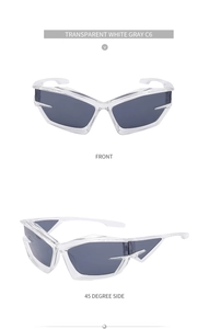Front and side view of transparent white futuristic Y2K sports sunglasses with gray lenses