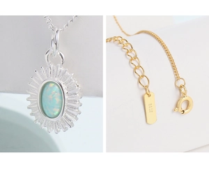 Detail of S925 sterling silver opal pendant and gold-plated chain with lobster clasp