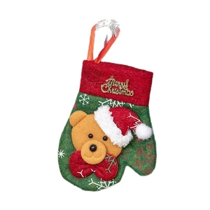 Green Christmas ornament glove with snowflake patterns and a 3D plush brown bear mascot