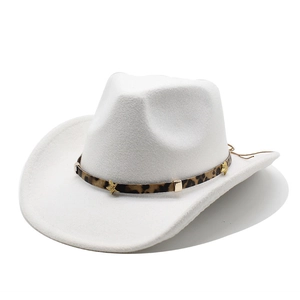 Detail of white wool cowboy hat featuring a leopard print band and gold star studs