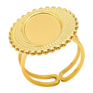 Detailed macro view of the gold-plated stainless steel oval ring with sunburst textures