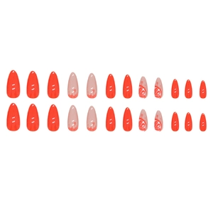 Faux ongles en amande couleur orange vif et motifs pamplemousse translucides brillants