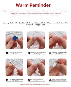 Detail guide showing six steps to apply press-on nails using adhesive jelly glue tabs
