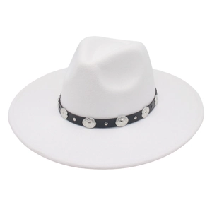 Detail of white wide brim felt fedora hat featuring black leather band and silver buckles