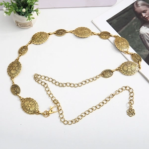 Vintage Metall-Gürtelkette in Gold mit geprägten Medaillons und verstellbarem Blumen-Clip