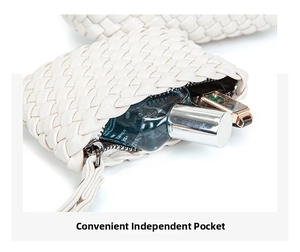 Close-up of a white woven leather pouch with metal zipper and luxury textured finish