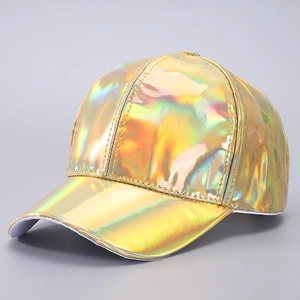 Detailed macro shot of a golden holographic laser baseball cap with metallic finish