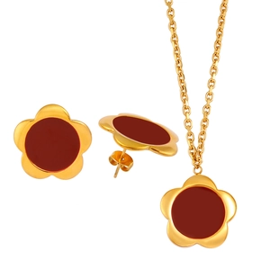 Elegant ruby red stainless steel jewelry set with flower pendant necklace and stud earrings