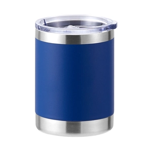 Close-up of blue matte finish and silver stainless steel rim on the insulated travel mug