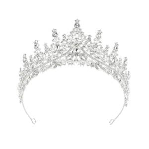 Detailed macro view of silver alloy bridal crown with shimmering clear rhinestones
