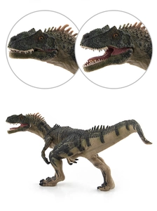Detailed view of Carnotaurus dinosaur toy with realistic skin and movable jaw feature