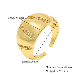 Detailed view of 13mm wide gold plated ring with measurements and material specs