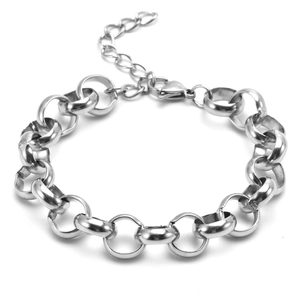 Detail of silver stainless steel round link chain bracelet with lobster clasp and extender