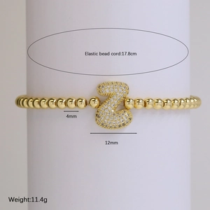 18K gold-plated bubble bead elastic bracelet with Z-letter zircon charm, 17.8cm length