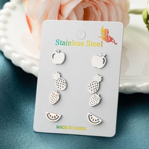 Stainless steel fruit stud earrings set featuring apple, pineapple, strawberry and watermelon