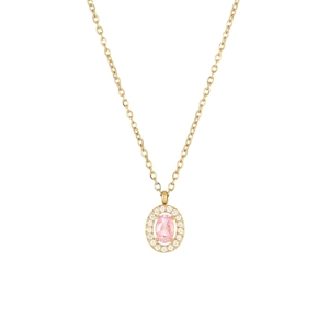 Elegance gold necklace with a pink oval zircon pendant and halo of sparkling stones
