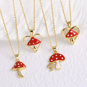 Mushroom Pendant Necklace Gold Plated Copper Heart Red Enamel White Polka Dot Zirconia Cute Fairy Tale Jewelry Women