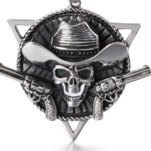 Silver stainless steel cowboy skull pendant with dual pistols in sheriff star frame