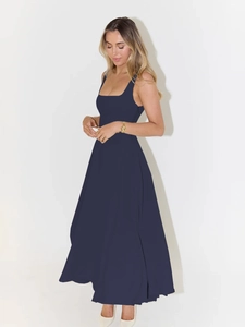 Elegant sleeveless navy blue maxi dress with square neck and slim fit for summer travel