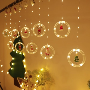 Christmas curtain string lights with Santa Claus and snowman figurines in warm LED rings