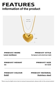 Detailed specs of the gold heart necklace showing a 2.5cm polished pendant and 40+5cm chain