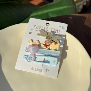Set of four coffee-themed resin hair clips with wavy, cup, and button designs in Morandi tones