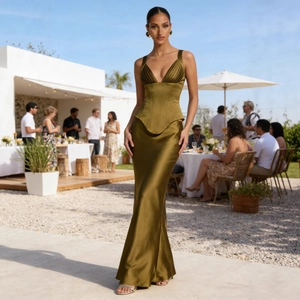 Elegant olive green satin maxi dress with corset bodice and fishtail skirt for luxury parties