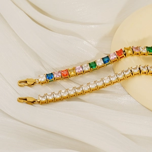Women's gold stainless steel tennis bracelet with colorful and white square zircon stones