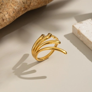 Minimalist 18k gold plated titanium steel geometric layered ring in polished finish