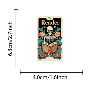 Detailed dimensions of waterproof The Reader tarot sticker for laptop and skateboard diy