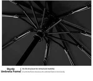 Macro view of a durable 10-rib black umbrella frame with reinforced metal springs