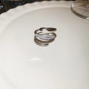 Elegant silver triple-layer spiral ring with sparkling zircons and adjustable opening