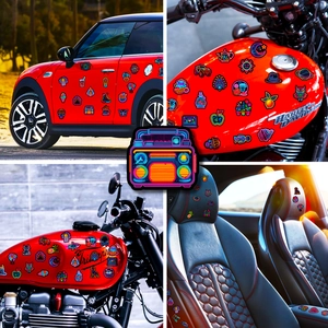 Neon style waterproof PVC stickers applied on motorcycle fuel tank and car door surfaces